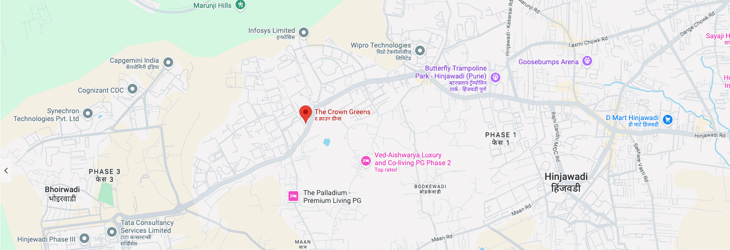 Map showing The Crown Greens in Hinjawadi and nearby landmarks