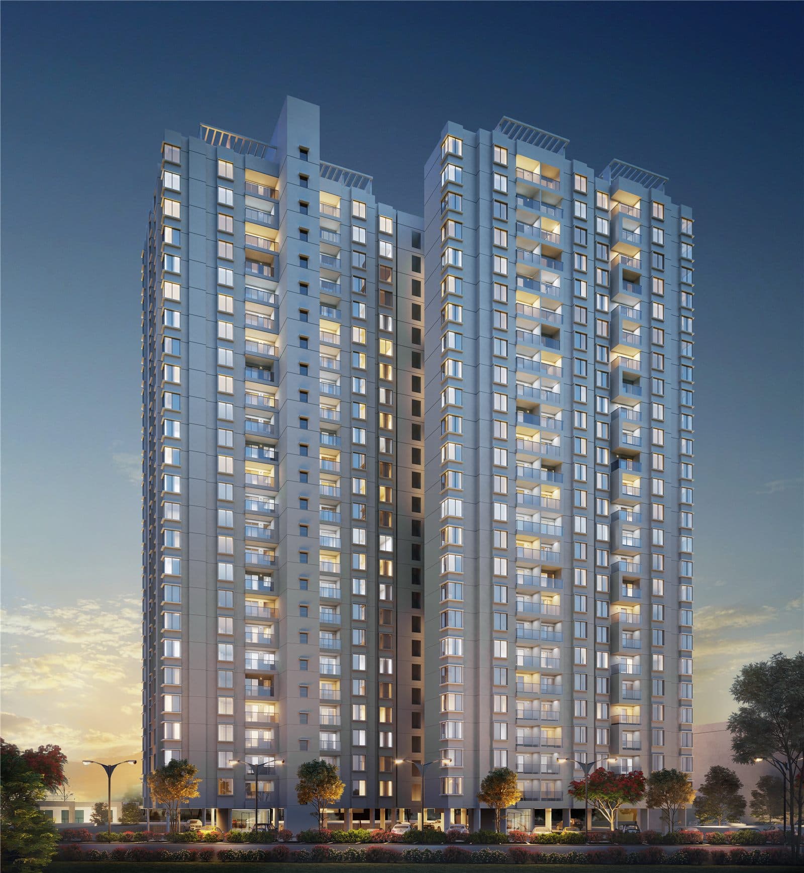 Overview of The Crown Greens towers at dusk